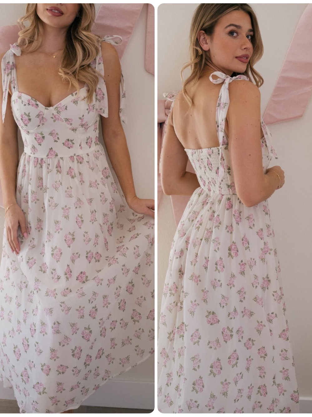 Morning Lavender Angelina Rose Floral Bustier Midi Dress Ribbon Tie Straps Sz S